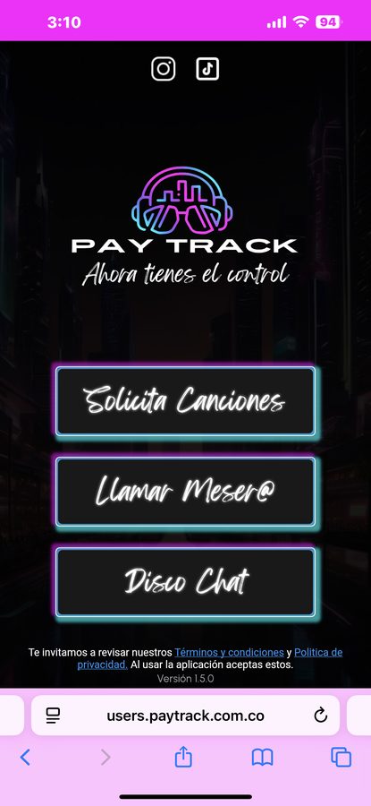Menú principal de la app PayTrack: solicitar canciones, llamar mesero, disco chat